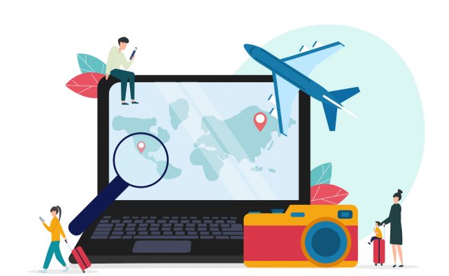 Travel Illustration With Laptop And Travellers Searching Destinations, White Background